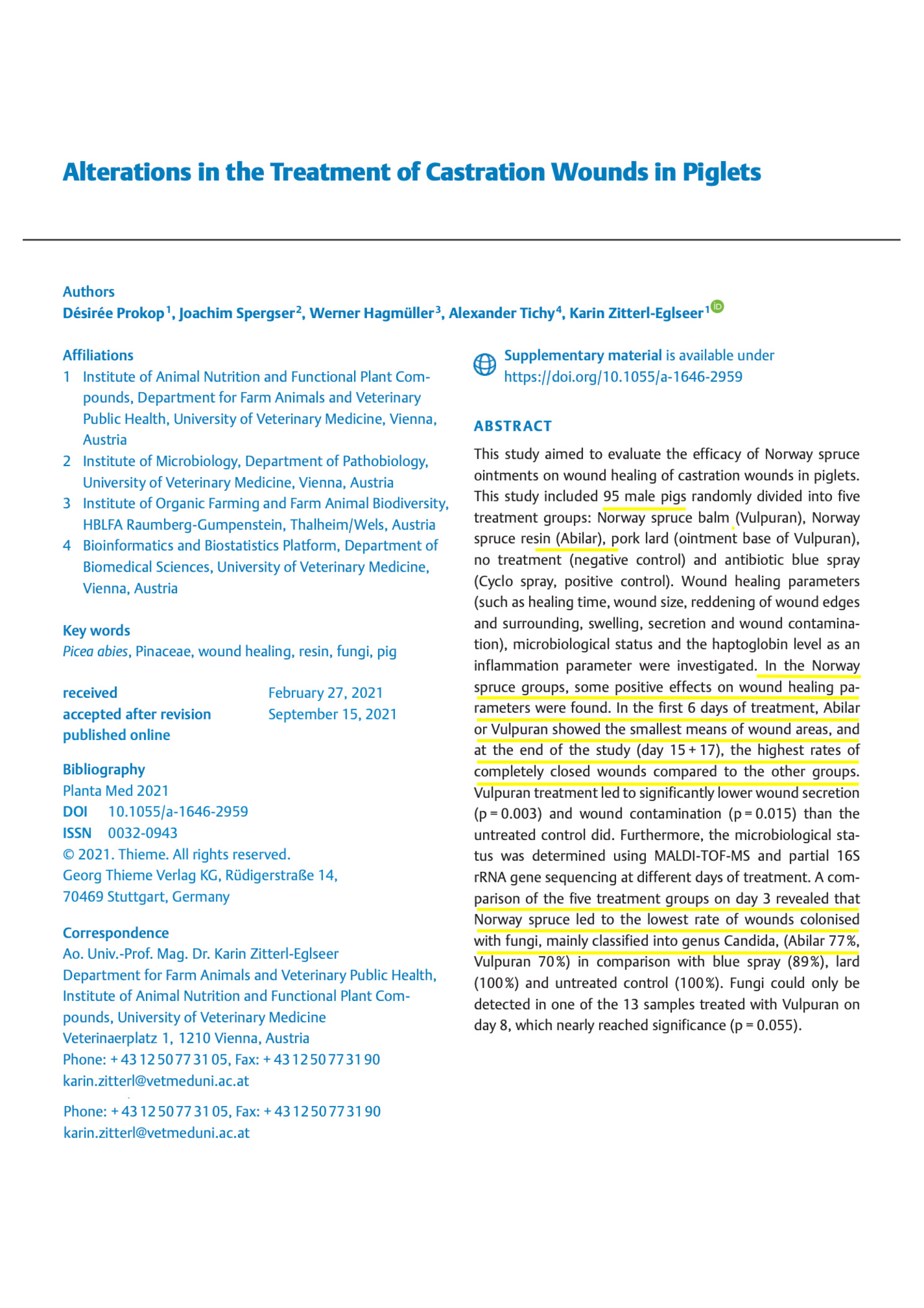 Piglet Wounds study cover — Planta Med 2022