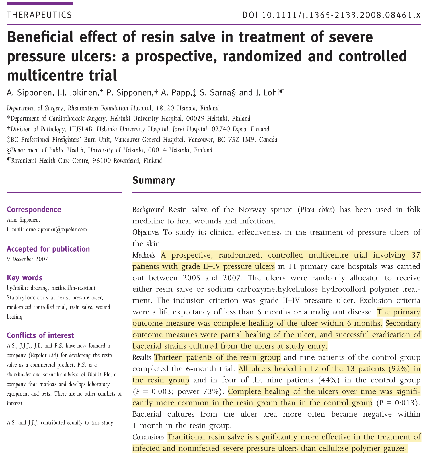 Journal article cover — Beneficial effect of resin salve in treatment of severe pressure ulcers