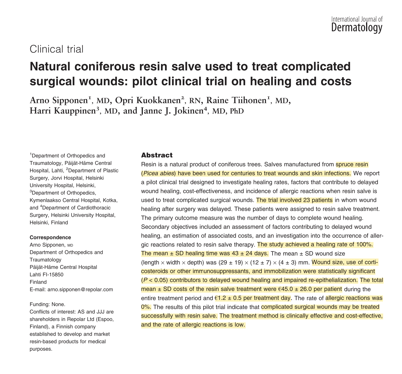 Journal article cover — Natural coniferous resin salve used to treat complicated surgical wounds